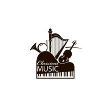 Monochrome Classical Concert Emblem With Piano, Harp And Violin