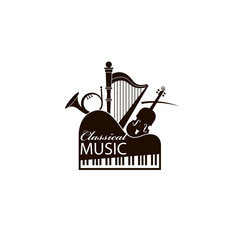 monochrome classical concert emblem with piano, harp and violin