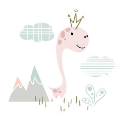 Wall Mural - Dinosaur baby girl cute print. Sweet dino princess with crown.