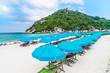 Outdoors scenic landscape vacation beach with beach chair and sun umbrella for traveler Koh Nang Yuan, Landmark tourist travel Samui Thailand summer holiday, Tourism beautiful destination place Asia