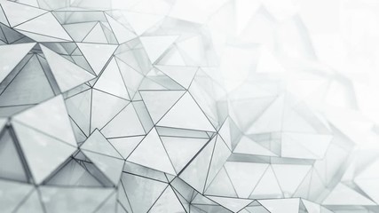 Poster - Futuristic white glossy polygonal construction. Abstract 3D render of low poly surface. Modern technology concept. Seamless loop smooth animation with DOF 4k UHD (3840x2160)