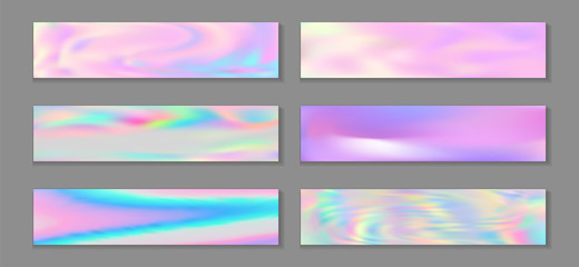 Wall Mural - Holographic surreal banner horizontal fluid gradient unicorn backgrounds vector set. Foil neon holo 