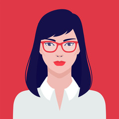 Portrait of a beautiful Asian student girl in eyeglasses, vector flat illustration. Asian young successful woman avatar.