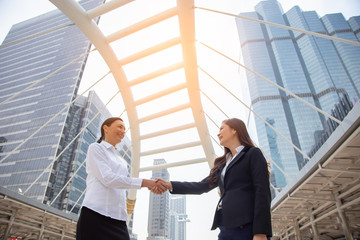 Wall Mural - Teamwork,partnership and Social connection in business join hand together,Finishing up a meeting,handshake of happy business people after contract agreement to become a partner,collaborative teamwork.