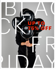 Canvas Print - woman with obscure face holding bunch of black balloons isolated on grey with black Friday, up to 75 percent off illustration