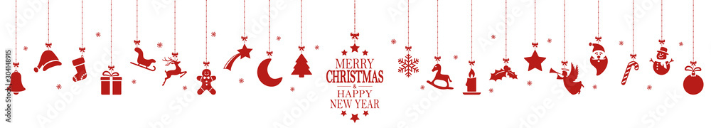 hanging christmas icons and new year greetings - obrazy, fototapety, plakaty 