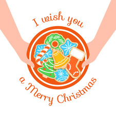 Wall Mural - Merry Christmas greeting card. Happy holiday vector cartoon illustration. Christmas cookies on plate in woman’s hands. Gingerbread homemade biscuits decorated with sugar icing. Festive food for party