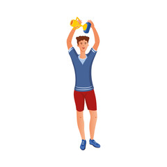 Happy sportsman standing and holding golden victory cup vector illustration