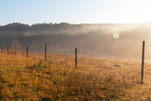 Rural, Morning, Sunny Landscape With Fog, Meadow, Fence And Forest In Fog In The Background.