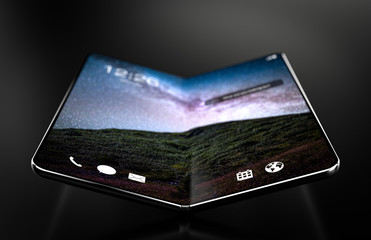 Wall Mural - Smartphone with fold feature - modern construction, future of modern smartphones or tablets, wallpaper with galaxy, milky way in mountains	
