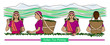 Set of color engraved drawing of Indian women picking tea leaves on the mountain plantation. Harvesters with baskets. Vector illustration isolated on background for packaging tea drink business.