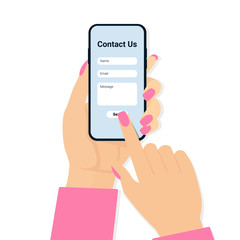 Wall Mural - contact us web page concept banner, poster, template. woman hand holding phone. modern flat vector i
