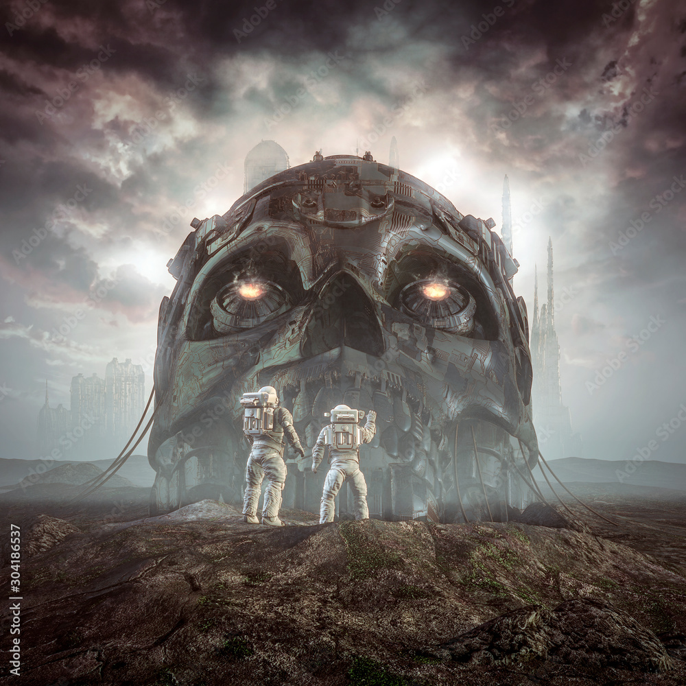 Giants of yesterday / 3D illustration of science fiction scene showing astronauts discovering ancient giant robot skull in the desert outside alien city - obrazy, fototapety, plakaty 