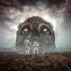 giants of yesterday / 3d illustration of science fiction scene showing astronauts discovering ancien