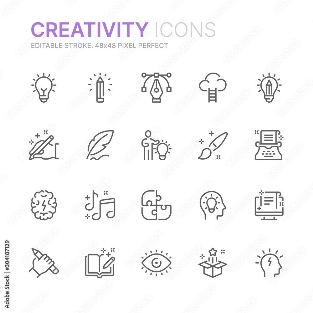 Collection of creativity related line icons. 48x48 Pixel Perfect. Editable stroke - obrazy, fototapety, plakaty 