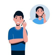 Man Talking By Telephone With Girlfriend. Communication And Conversation With Smartphone. Flat Vector Cartoon Illustration Of Phone Call, Speaking, Calling And Chatting. 