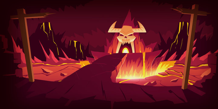 hell landscape, cartoon vector illustration. infernal stone cave and bridge, road to hell with heat 