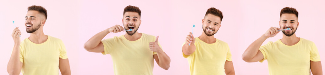 Wall Mural - Portrait of man brushing teeth on color background