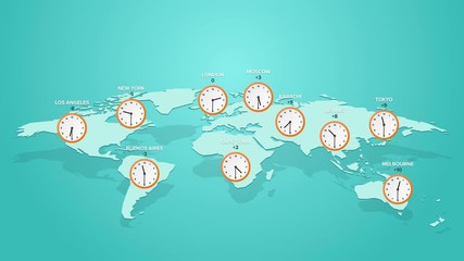 Wall Mural - world map with a clock with selected major cities in different time zones infinite loop