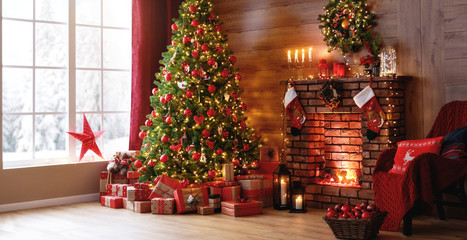 interior christmas. magic glowing tree, fireplace, gifts