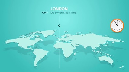Wall Mural - time zones on planet earth, concept with world map and clock showing current time difference from GMT in countries of the world