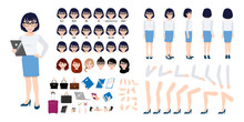 Chinese Businesswoman Cartoon Character Creation Set With Various Views, Hairstyles, Face Emotions, Lip Sync And Poses. Parts Of Body Template For Design Work And Animation.