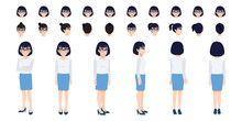 Chinese Businesswoman Cartoon Character Head Set And Animation Design. Front, Side, Back, 3-4 View Animated Character. Flat Vector Illustration.