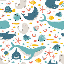 Sea Animals And Fish. Vector Seamless Pattern In Simple Cartoon Hand-drawn Style. Childish Scandinavian Illustration Is Ideal For Printing On Textiles, Fabrics, Clothes, Wrapping Paper.