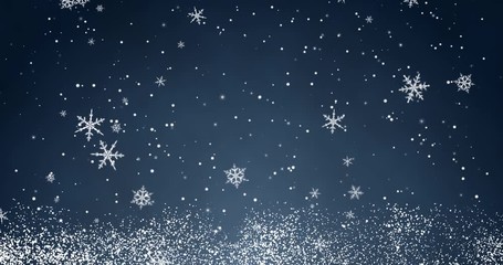 White confetti, snowflakes and bokeh lights on the blue Christmas background.