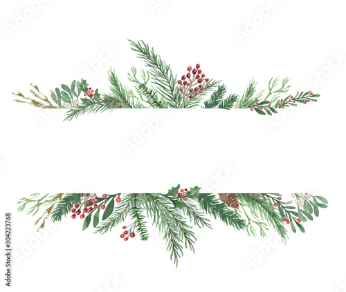 Cuadros en Lienzo Watercolor Winter Christmas bouquet with foliage, flowers, and berries