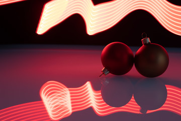 Red Chritmas balls on a reflection table whit light painting