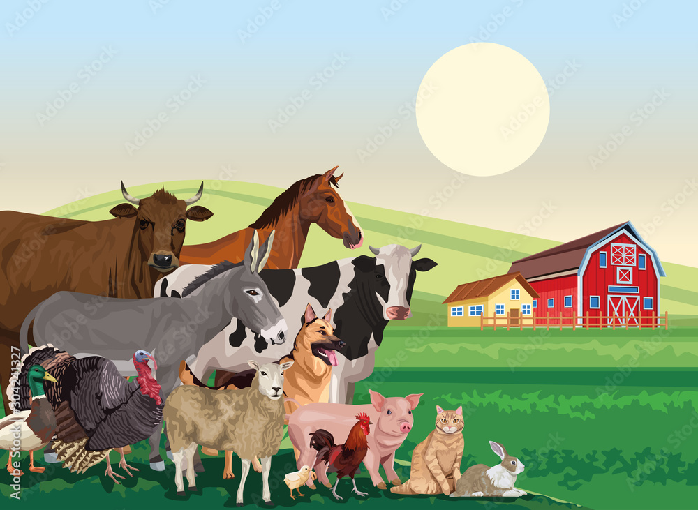 group of animals farm in the landscape scene Stock Vector | Adobe Stock