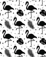 Vector Seamless Pattern Of Black Flamingo And Palm Leaves Silhouette Isolated On White Background