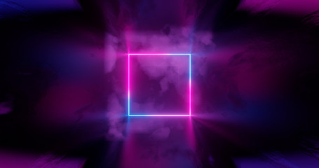 Poster - 3d render. Geometric figure in neon light against a dark tunnel. Laser line glow. Neon backgrounds