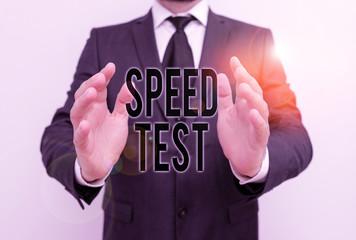 Poster - Writing note showing Speed Test. Business concept for psychological test for the maximum speed of performing a task Male human with beard wear formal working suit clothes hand