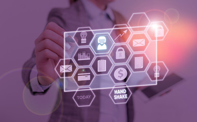 Poster - Conceptual hand writing showing Hand Shake. Concept meaning an act showing that you have made an agreement or greeting