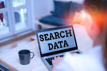 Poster - Writing note showing Search Data. Business concept for efficient retrieval of specific items from a set of items woman laptop computer office supplies technological devices inside home