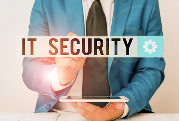 Poster - Writing note showing It Security. Business concept for protection of data or digital asset against unauthorized access Businessman pointing with pen in empty copy space