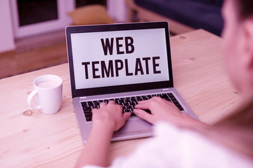 Poster - Writing note showing Web Template. Business concept for predesigned or plug in webpage or set of HTML webpages woman with laptop smartphone and office supplies technology