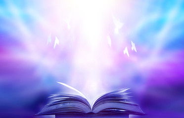 Poster - Imagine a picture book of an ancient book opened on a wooden table with a sparkling golden background. With magical power, magic, lightning around a glowing glowing book In the room of darkness