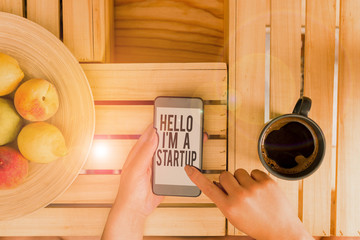 Poster - Writing note showing Hello I M A Startup. Business concept for Entrepreneur starting business Presenting New project woman with laptop smartphone and office supplies technology