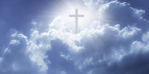 Wall Mural - christian cross appeared bright in the sky with soft fluffy clouds, white, beautiful colors. with th