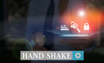 Poster - Writing note showing Hand Shake. Business concept for an act showing that you have made an agreement or greeting
