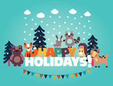 Fototapeta Dinusie - Winter holiday lovely vector card with funny cute animals, blue sky, snowflakes, clouds and Christmas trees. Ideal for cards, invitations, party, kindergarten, preschool and children room decoration