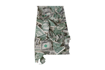 Alabama State Map Outline with Crumpled Dollars, Government Waste of Money Concept