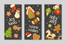Cartoon Gingerbread Cookies For Celebration Design. Merry Christmas Vector Banners. Delicious Homemade Pastries. WInter Holiday Illustrations