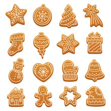 Cartoon Gingerbread Cookies For Celebration Design. Christmas Vector Elements For Illustration, Cards, Banners And Holiday Backgrounds. Delicious Homemade Cookies. Festive Decorations