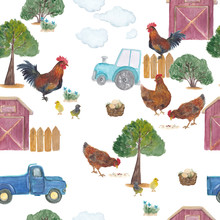 Watercolor Painting Farm Seamless Pattern With  Chicken And Rooster