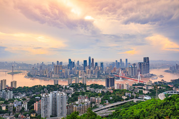 Sunset city architecture landscape and beautiful sky in Chongqing