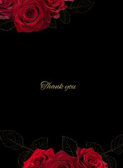 Wall Mural - Red roses isolated on black background. Bouquet of garden flowers. Vintage floral card. with copy space. For invitations, greeting, wedding card.